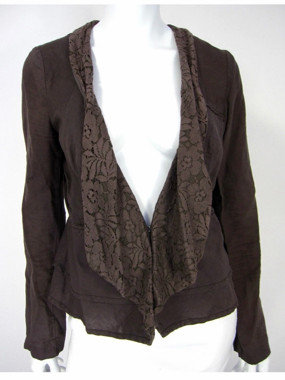 LIKE NEW SIZE 2 Free People Dark Brown Lace-Trim Open Front Blazer